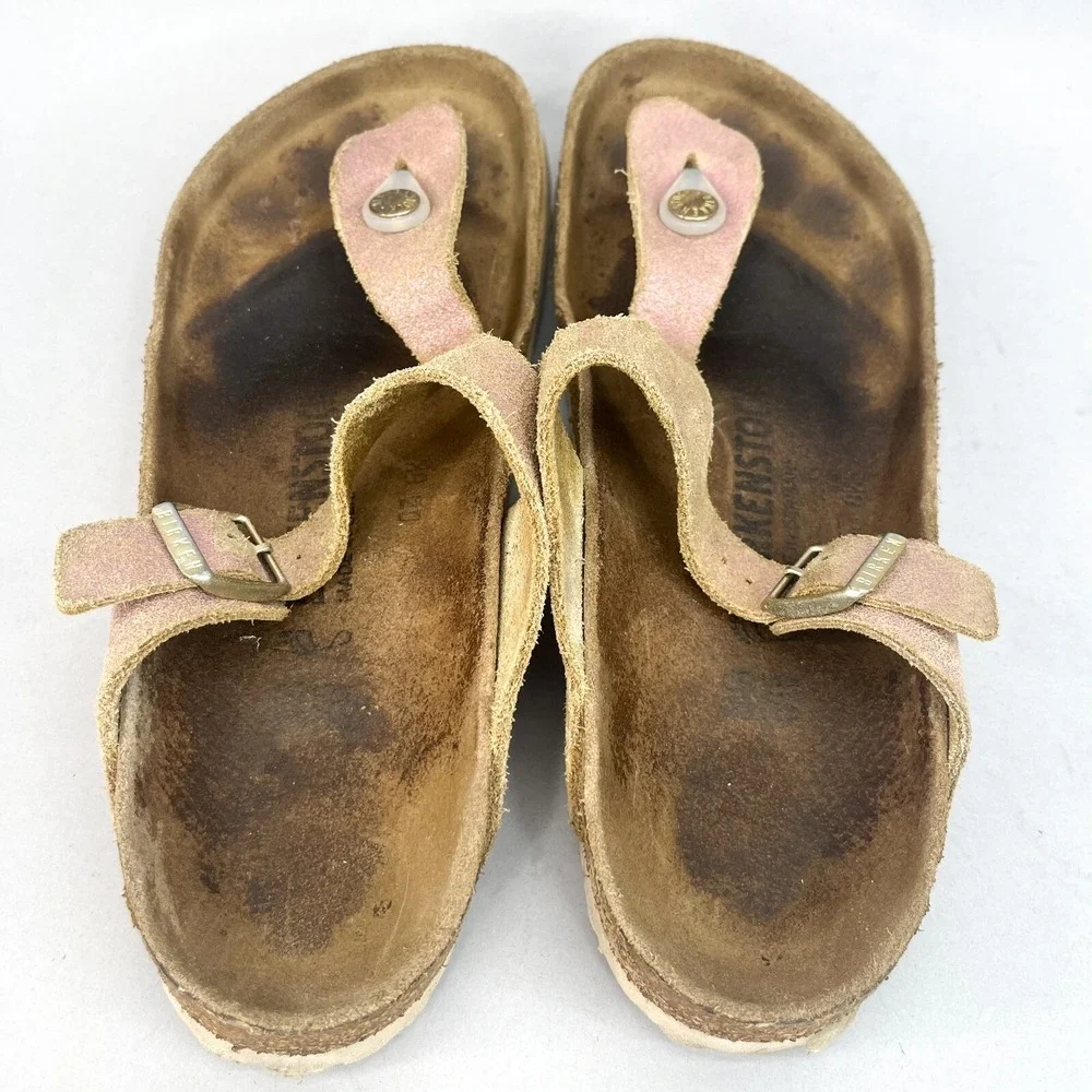 Birkenstock Gizeh Sandals Womens 38/ 7 Shoes Thong Slide Pink Suede Slip On Flat